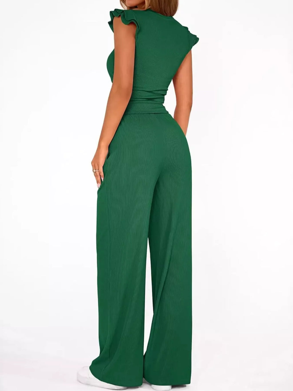 Ruffled Mock Neck Top and Wide Leg Pants Set