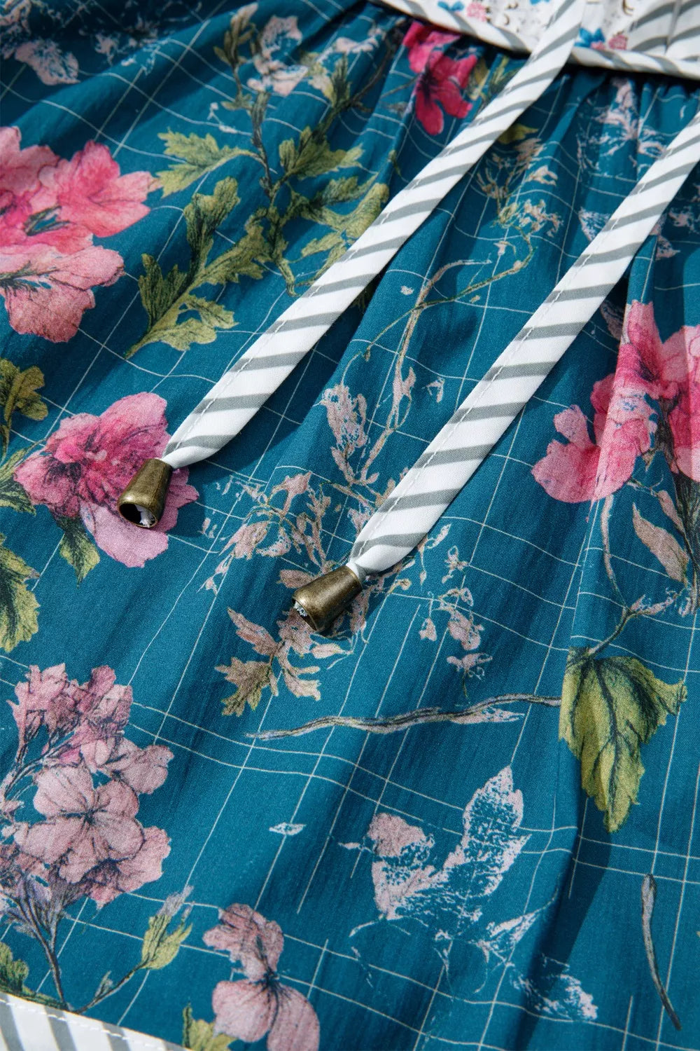 Floral Print Contrast Yoke Patchwork Striped Trim Long Puff Sleeve Blouse