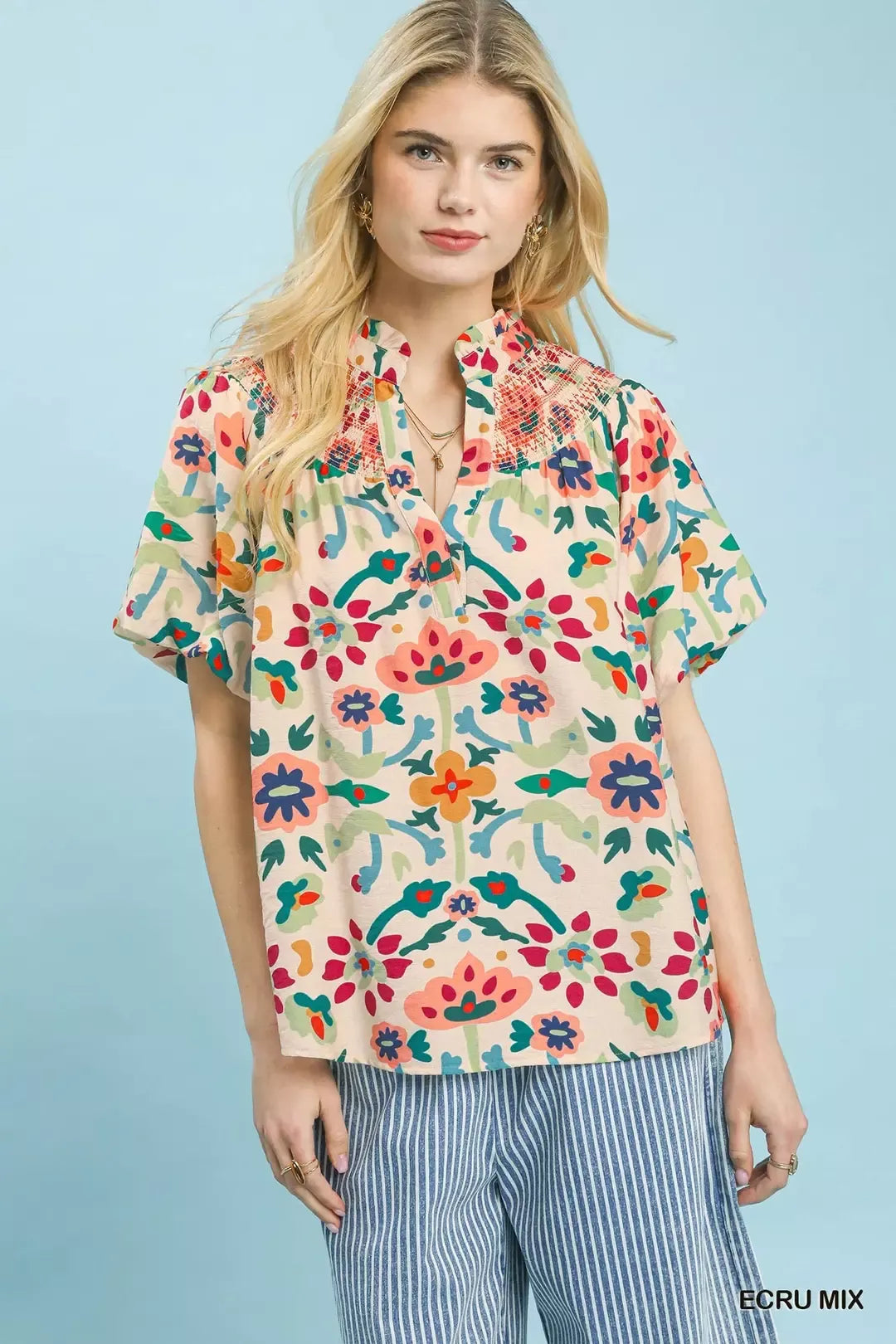 Umgee Folk Art Print Top with Smocked Detail