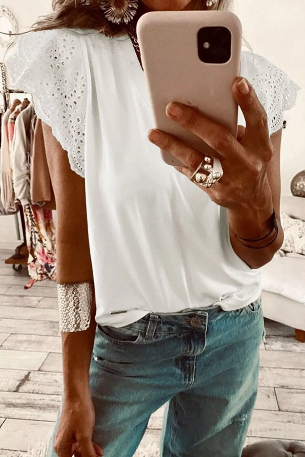 Eyelet Embroidered Flutter Sleeve Patchwork V Neck Tee