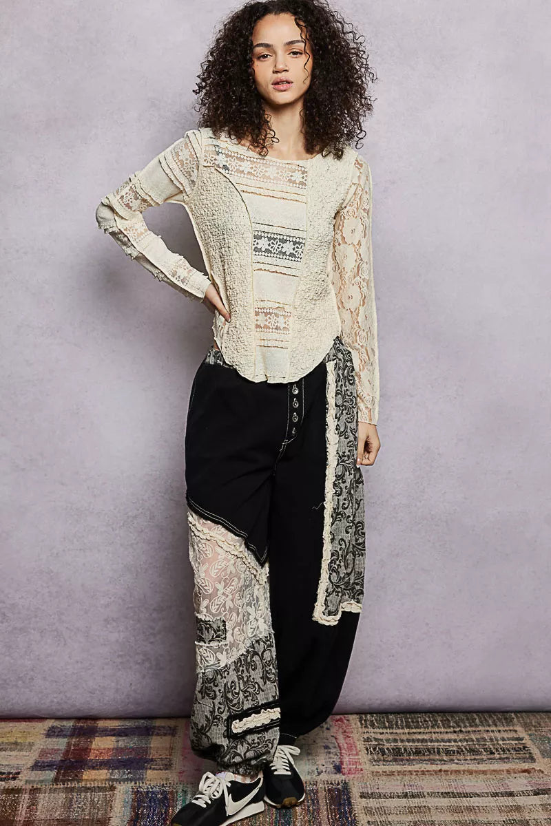 POL Round Neck Long Sleeve Exposed Seam Top with Lace Detail