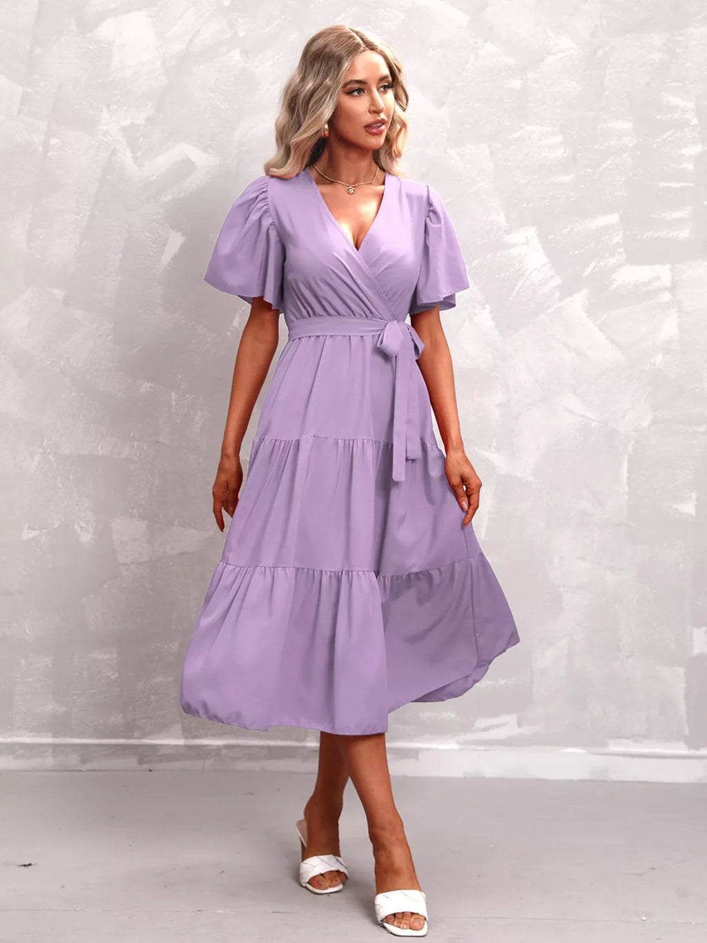 Flutter Sleeve Tiered Midi Dress