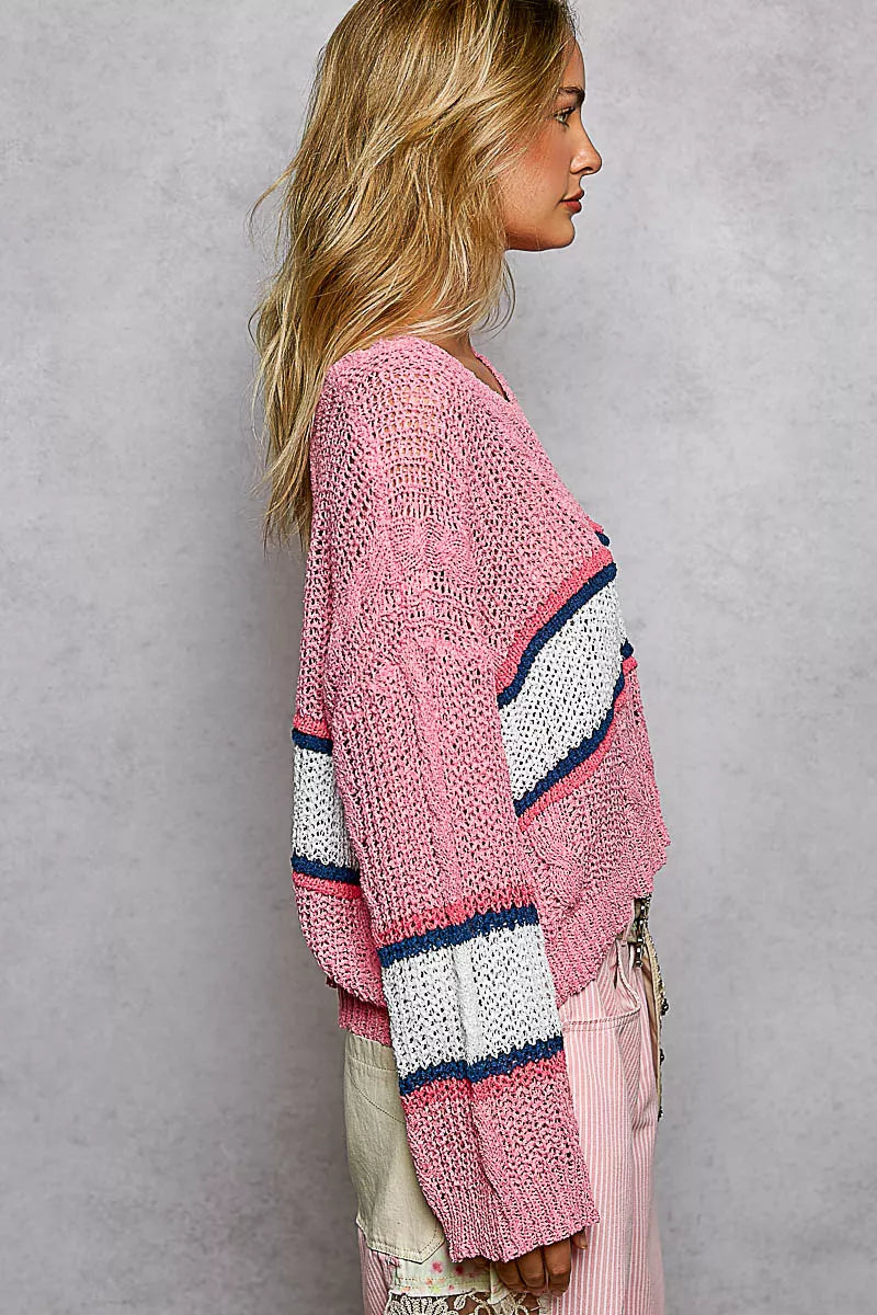 POL V-Neck Striped Pattern Cropped Knit Top with Cable Knit Detail