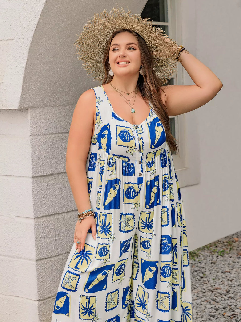 Plus Size Nautical Print Sleeveless Jumpsuit