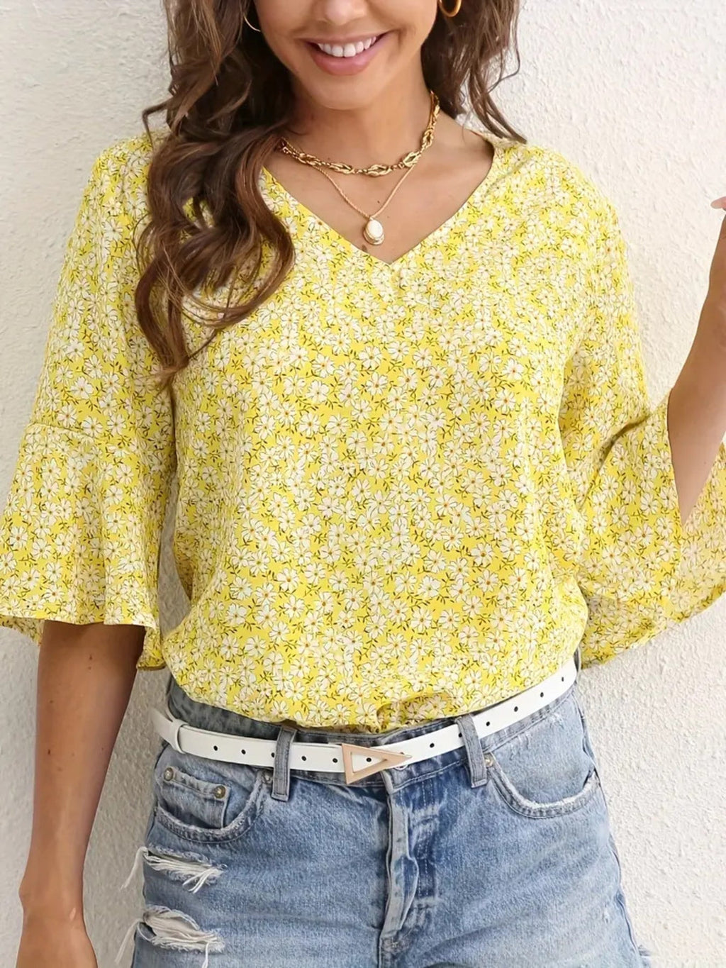 Floral Print V-Neck Bell Sleeve Blouse