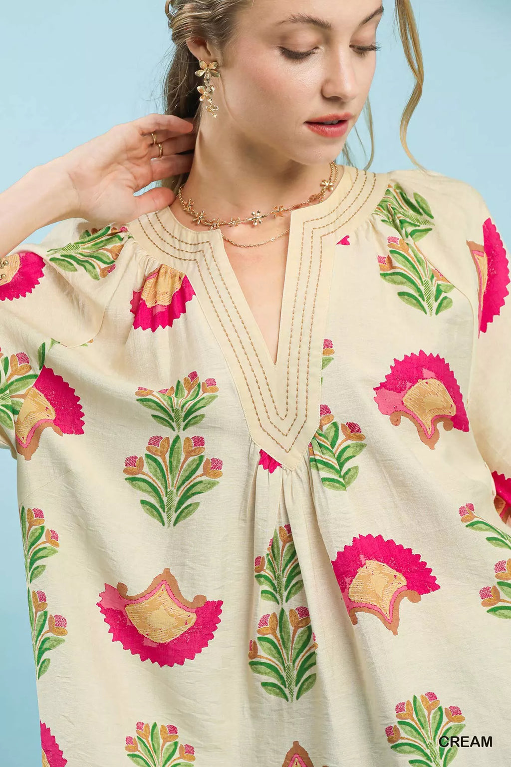 Umgee Abstract Print Blouse with Ruched Detail
