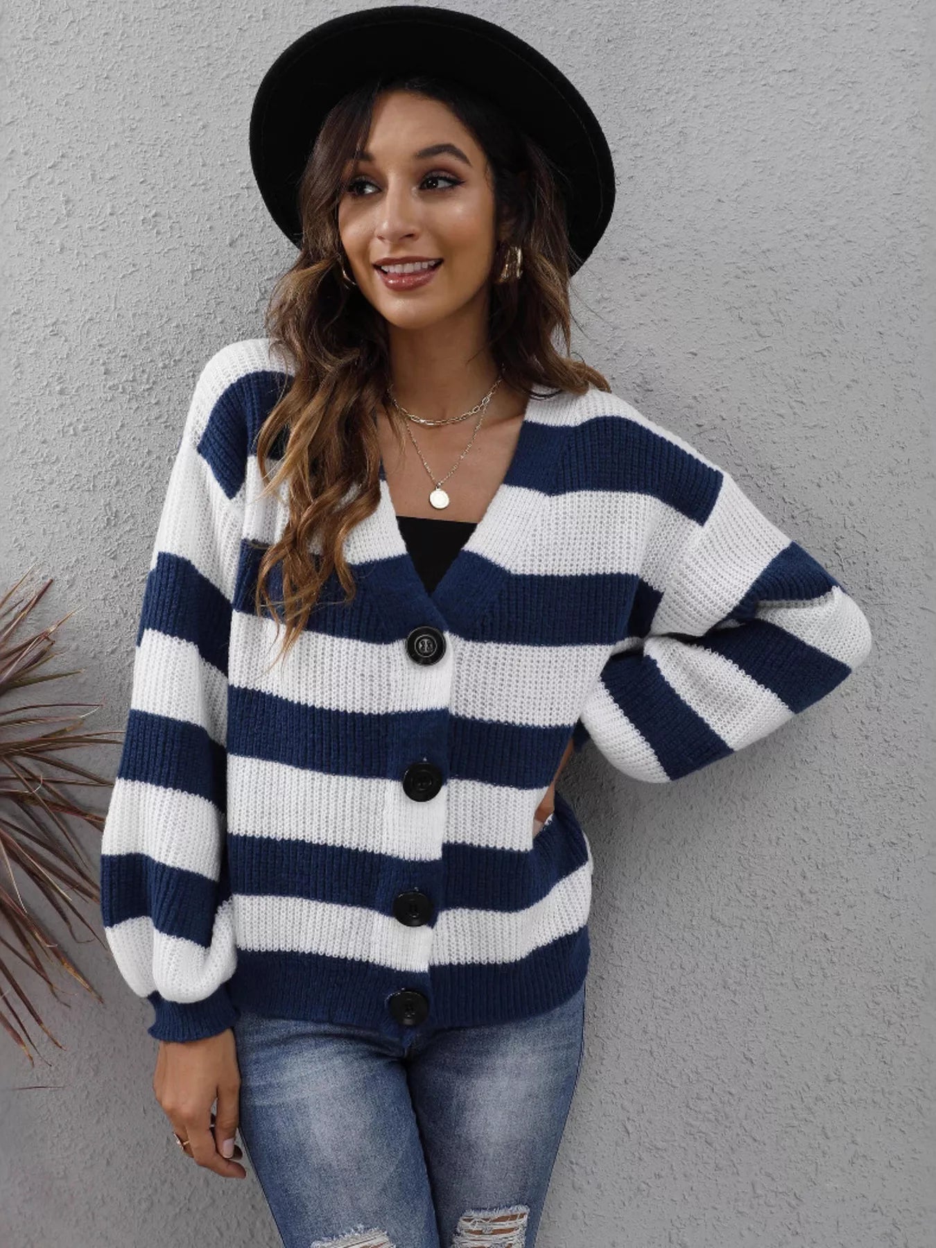 Striped Button-Up Long Sleeve Cardigan
