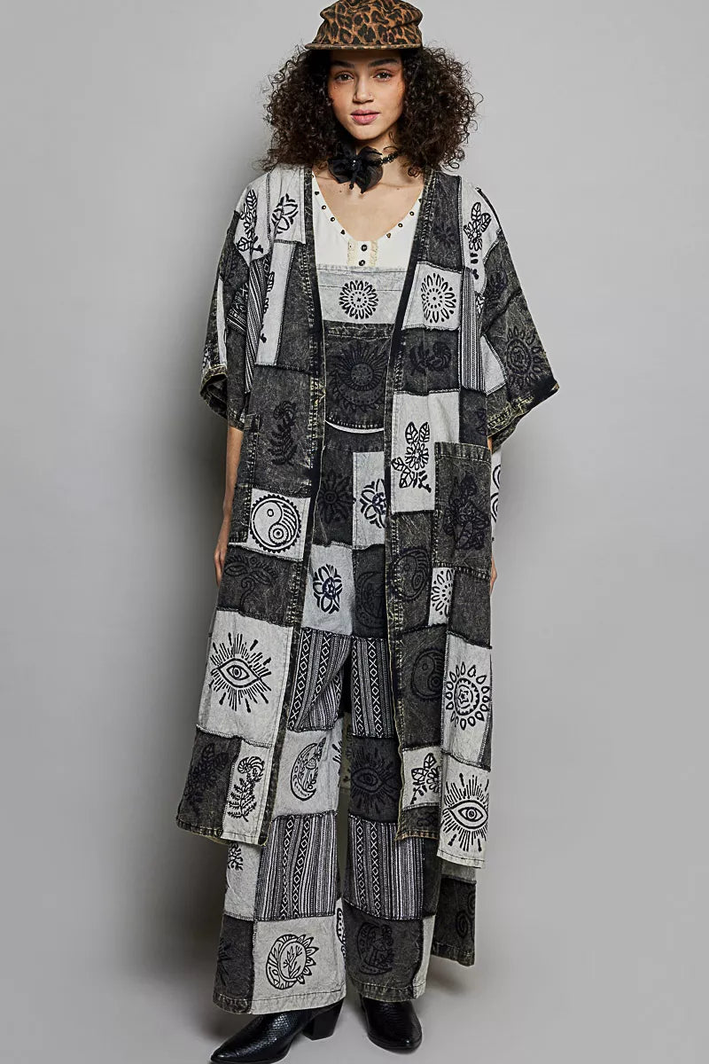 POL Open Front Printed Patchwork Longline Cardigan
