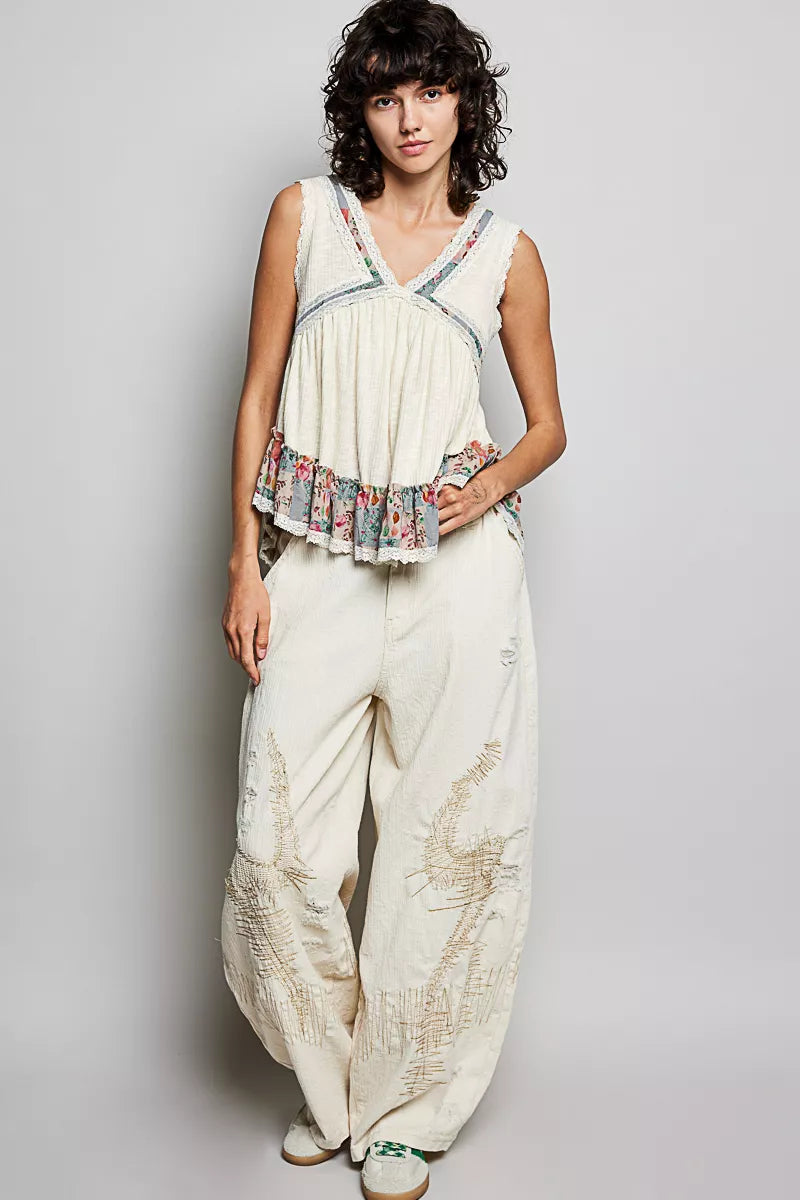POL Lace Detail Ruffled Ribbed Sleeveless Top with Floral Pattern Trim Detail