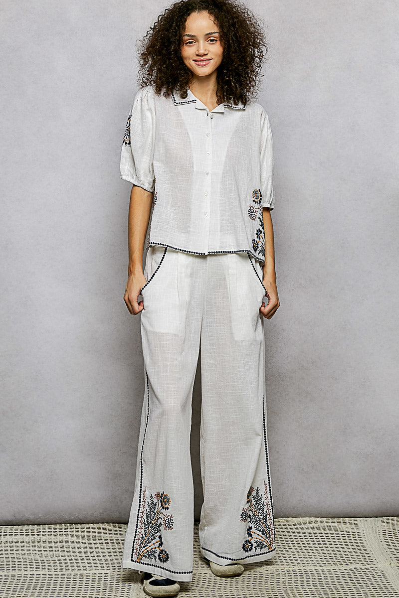 POL Button Down Embroidered Floral Short Sleeve Shirt