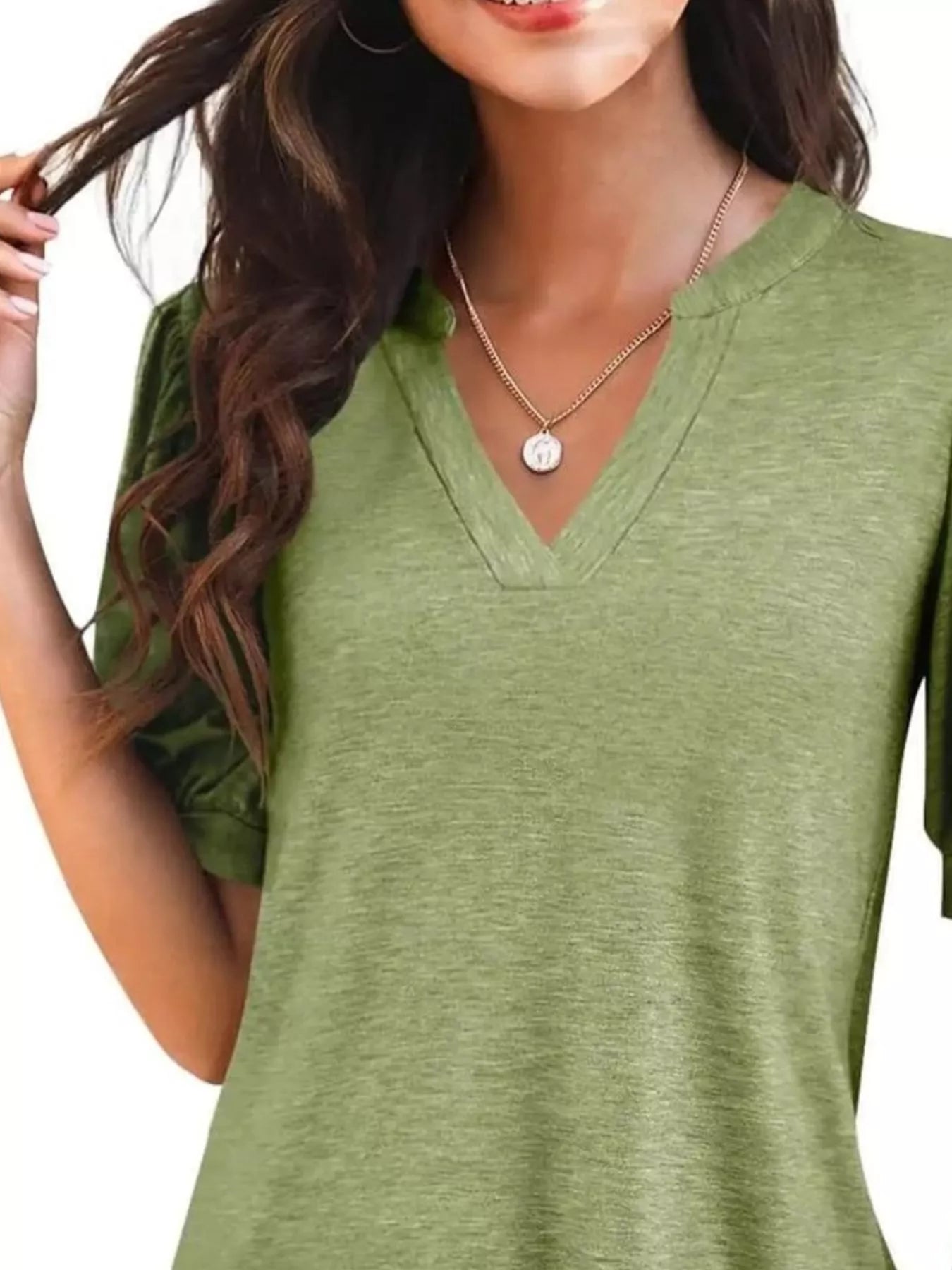 Puff Sleeve Notched Casual T-Shirt