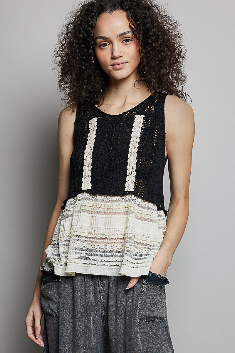 POL V-Neck Crochet Sweater Vest with Lace Trim