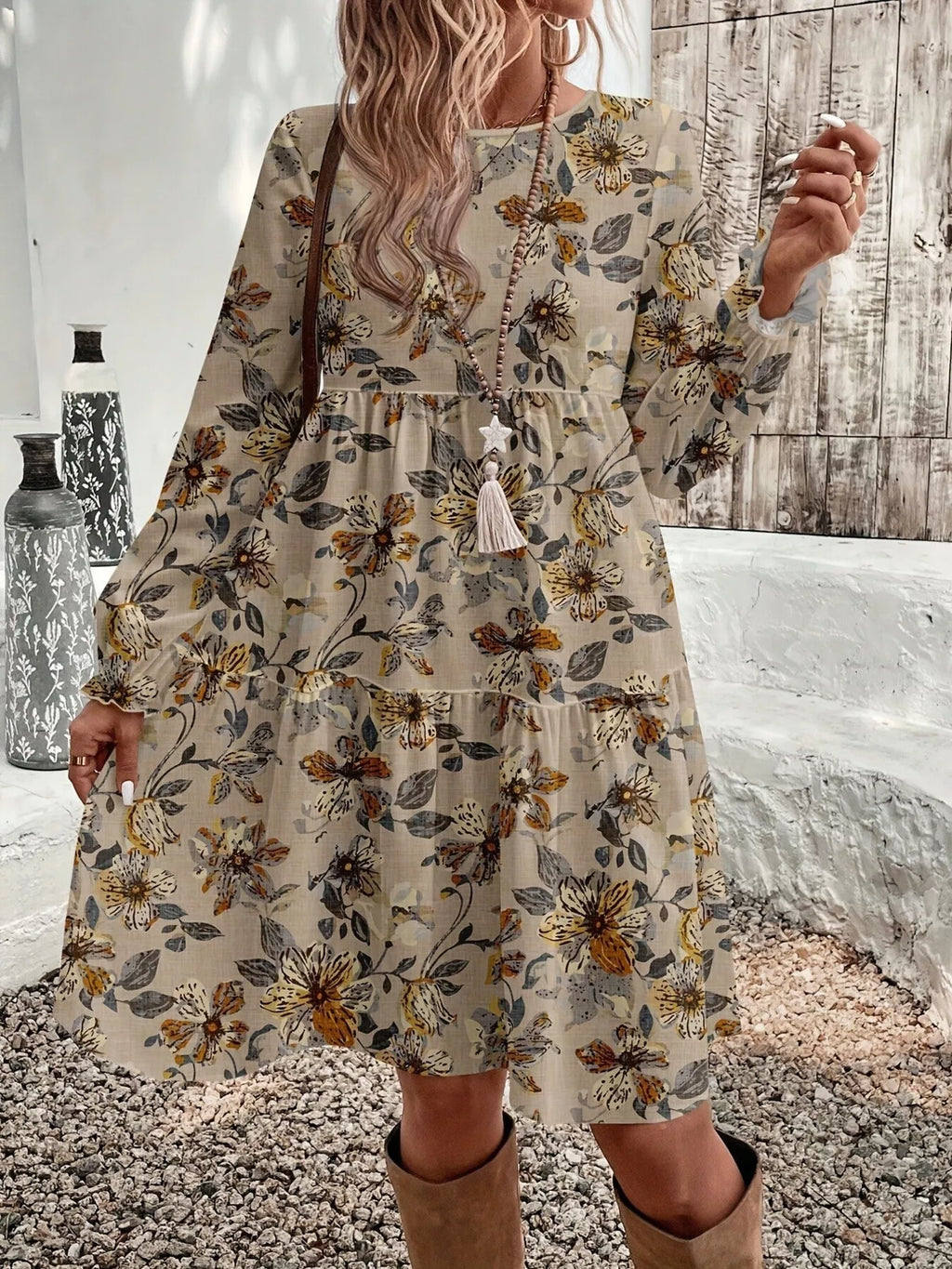 Floral Print Tiered Ruffle Hem Long Sleeve Dress