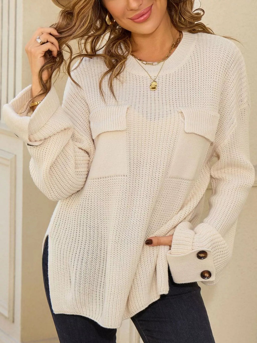 Pocket Detail Round Neck Sweater