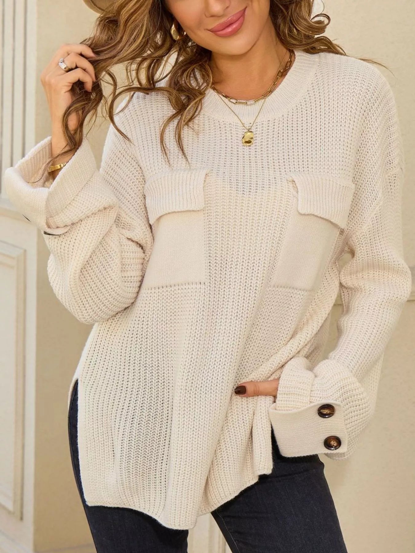 Pocket Detail Round Neck Sweater
