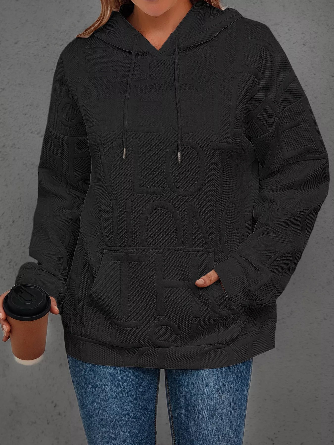 Full Size Textured Embossed Long Sleeve Hoodie Plus Size
