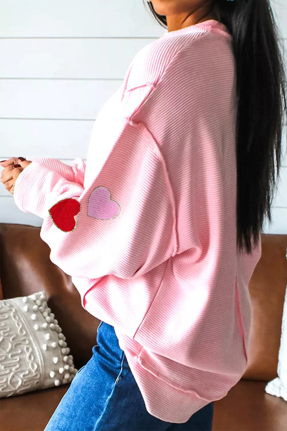Ribbed Texture Chenille Heart Glitter Trim Patched Long Sleeve Top