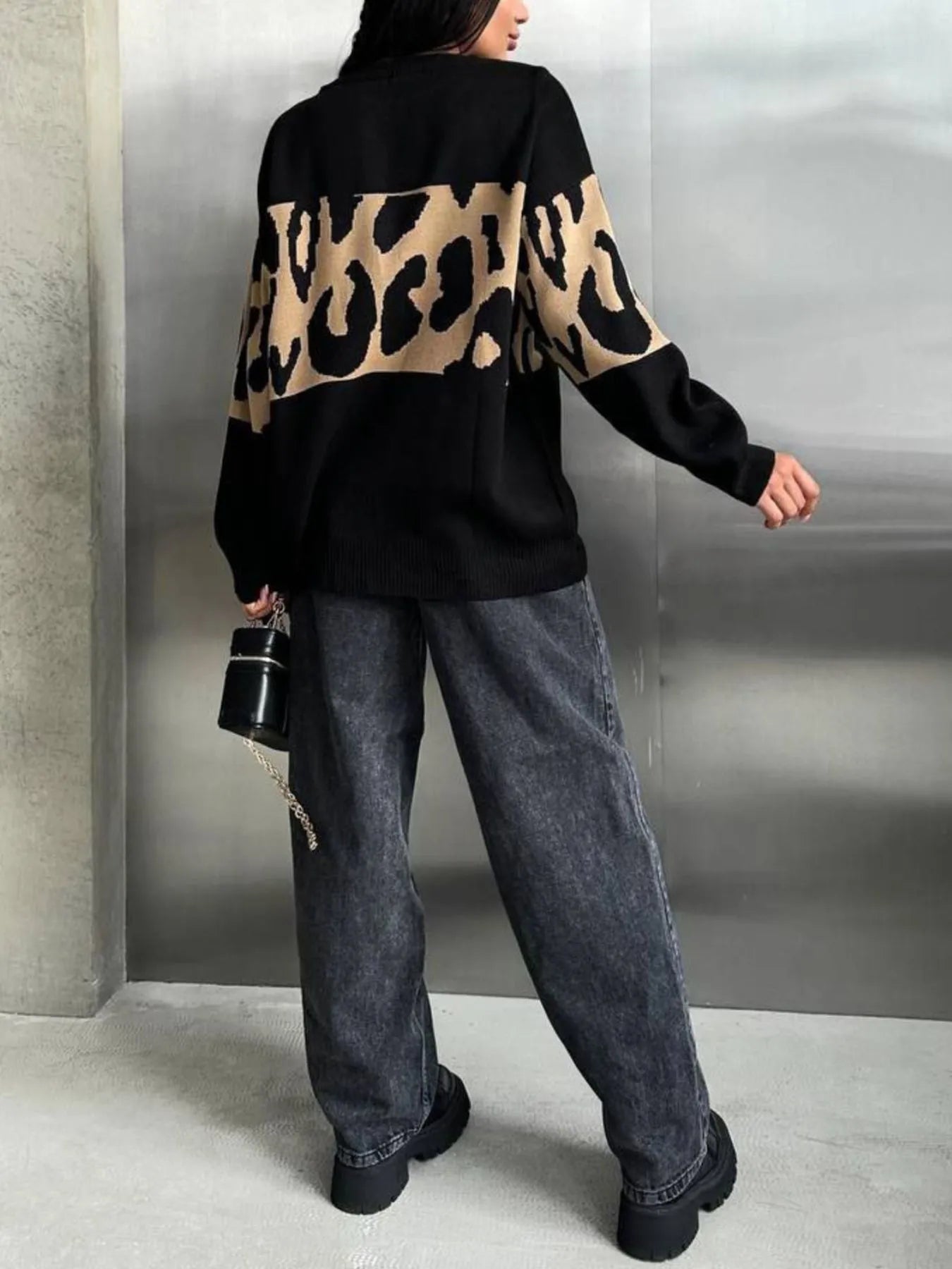 Leopard Color Block Round Neck Sweater