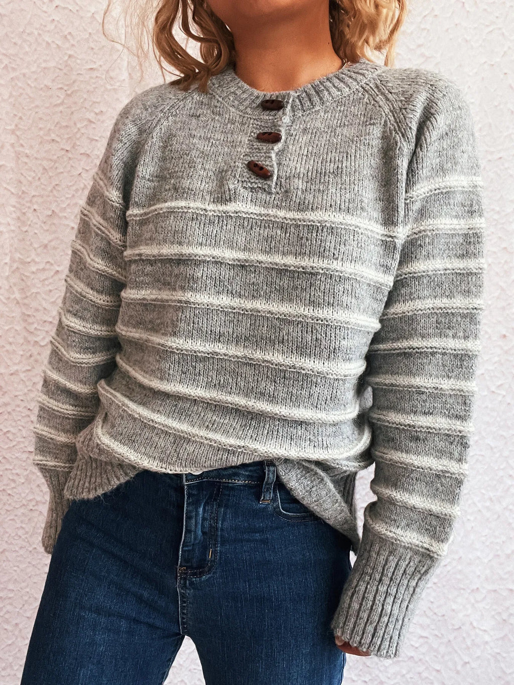 Striped Button Detail Long Sleeve Sweater