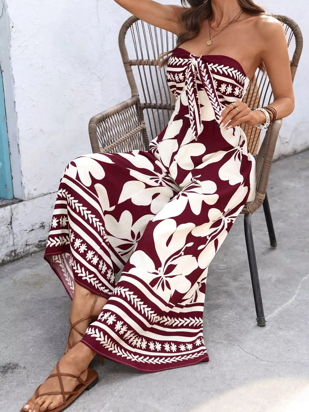 Floral Print Tie Front Strapless Wide Leg Jumpsuit
