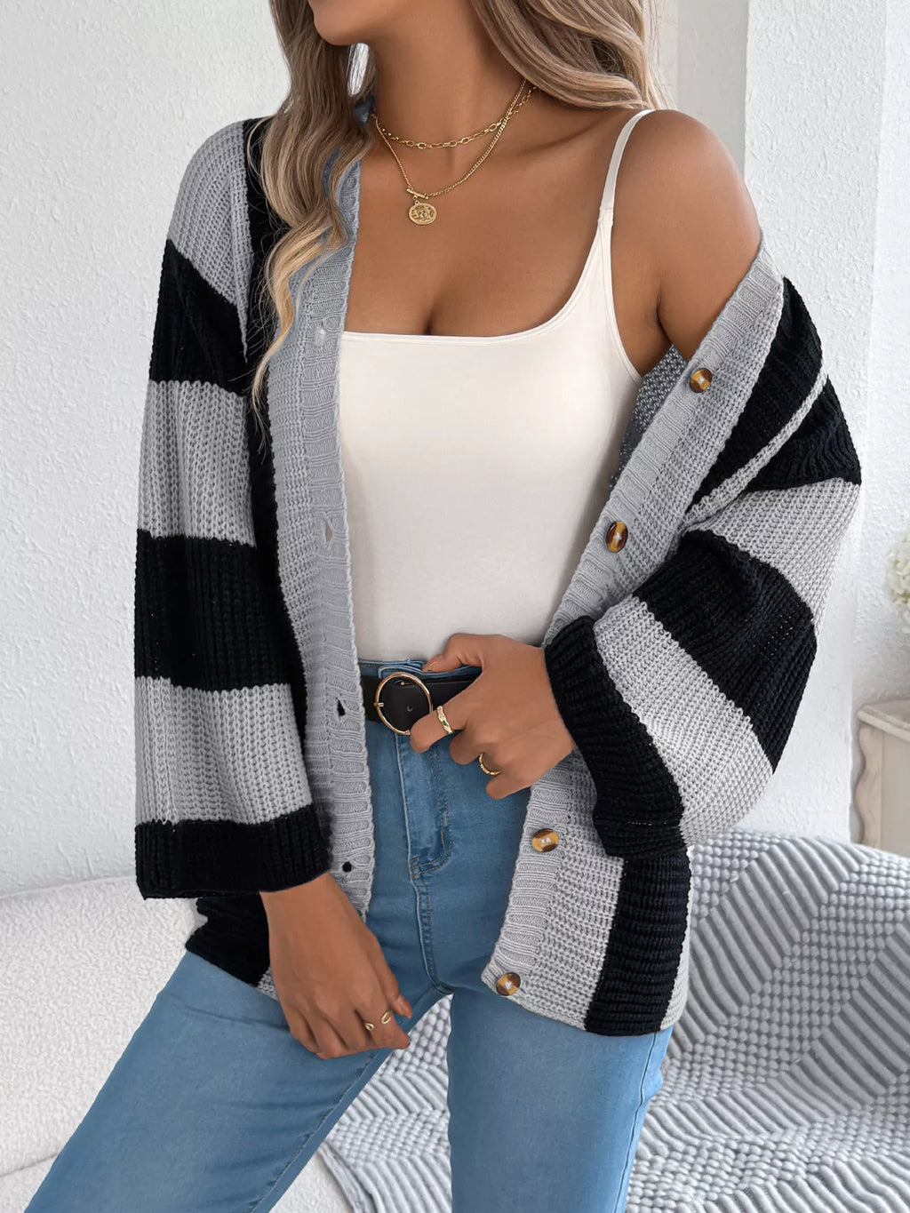 Color Block Button-Up Cardigan