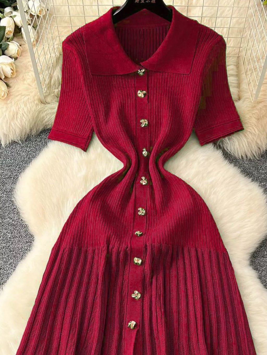 Button Front Short Sleeve Knit Dress