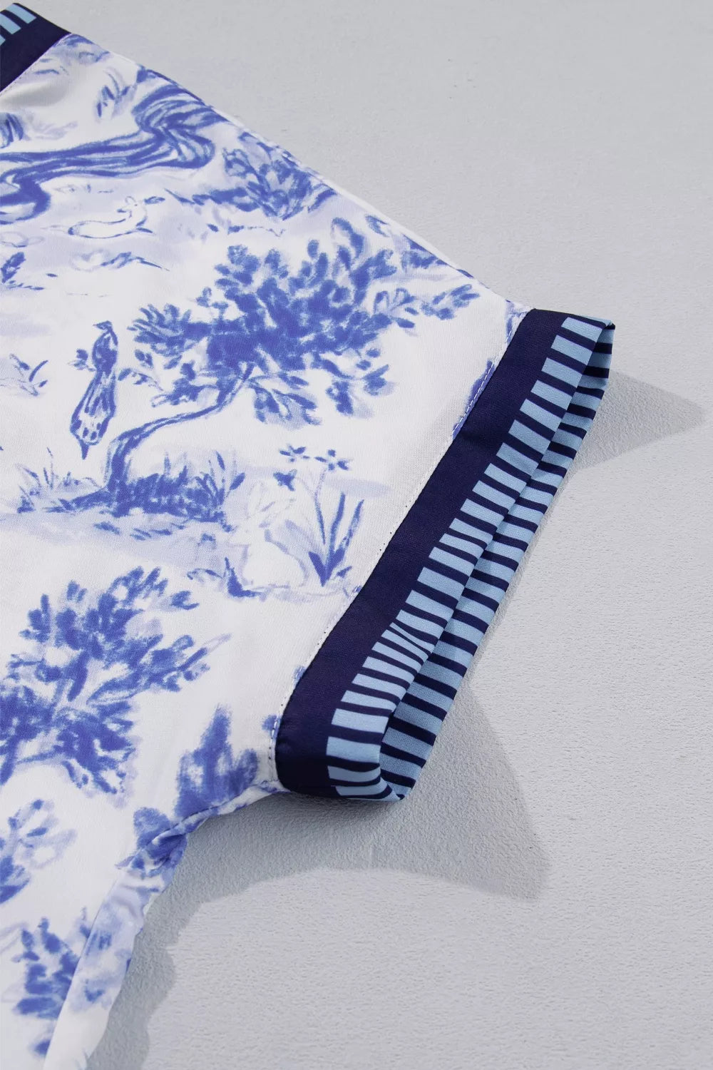 Printed Striped Trim V-Neck Blouse