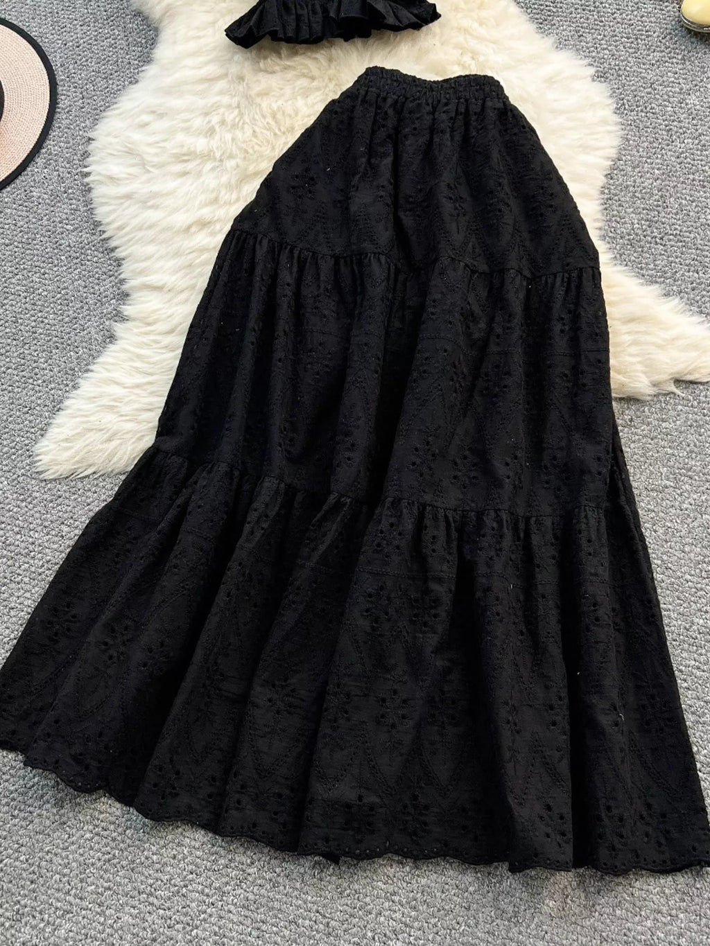 Smocked Crop Top and Hollow-Out Skirt Set