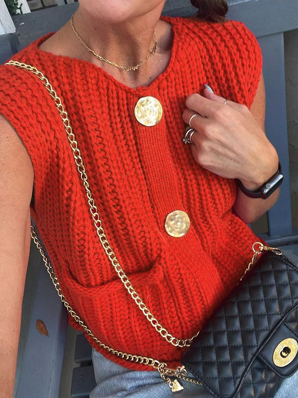 Chunky Knit Button-Down Sweater Vest
