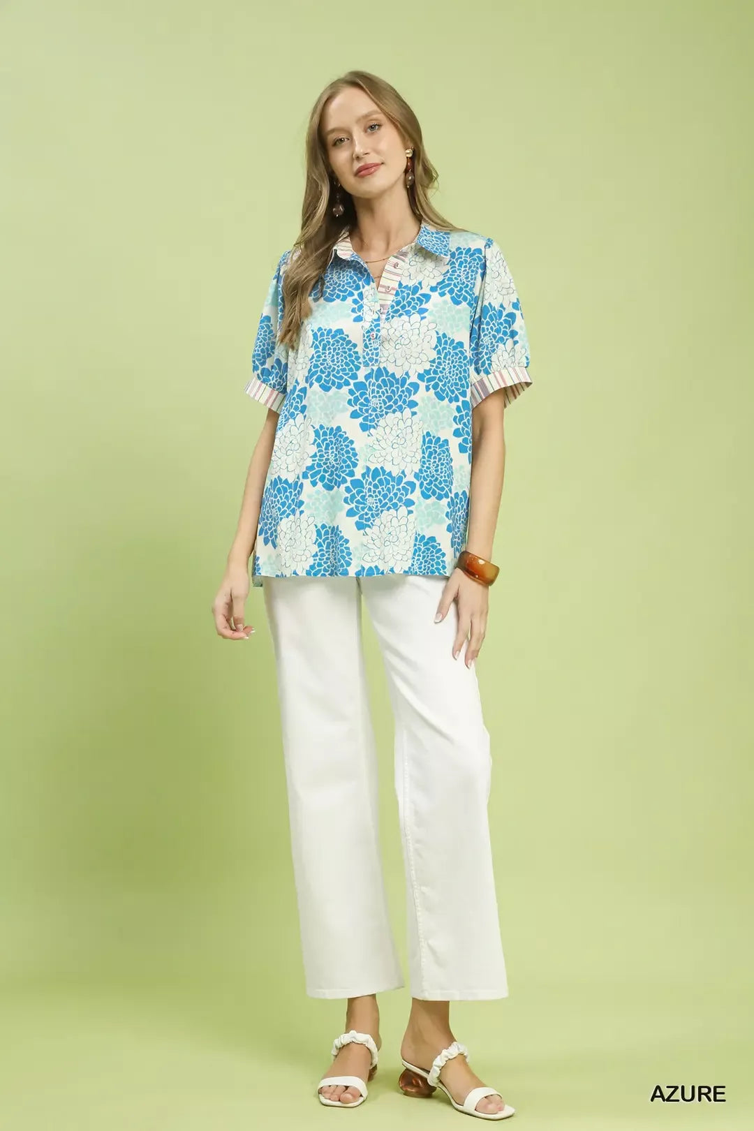 Umgee Floral Collared Short Sleeve Blouse