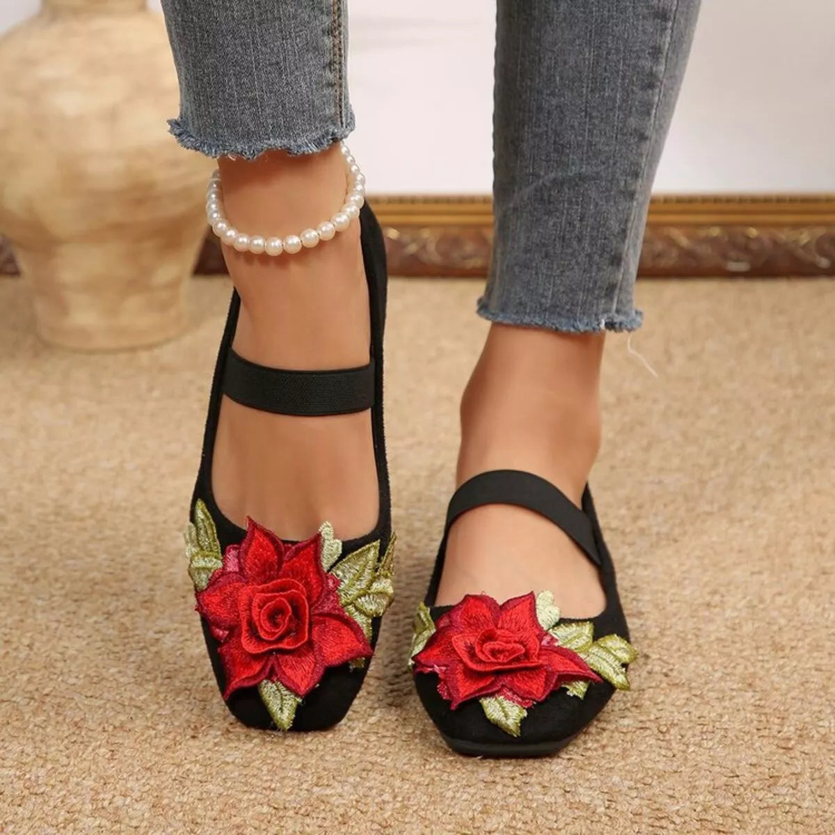 Flower Square Toe Slip-Ons