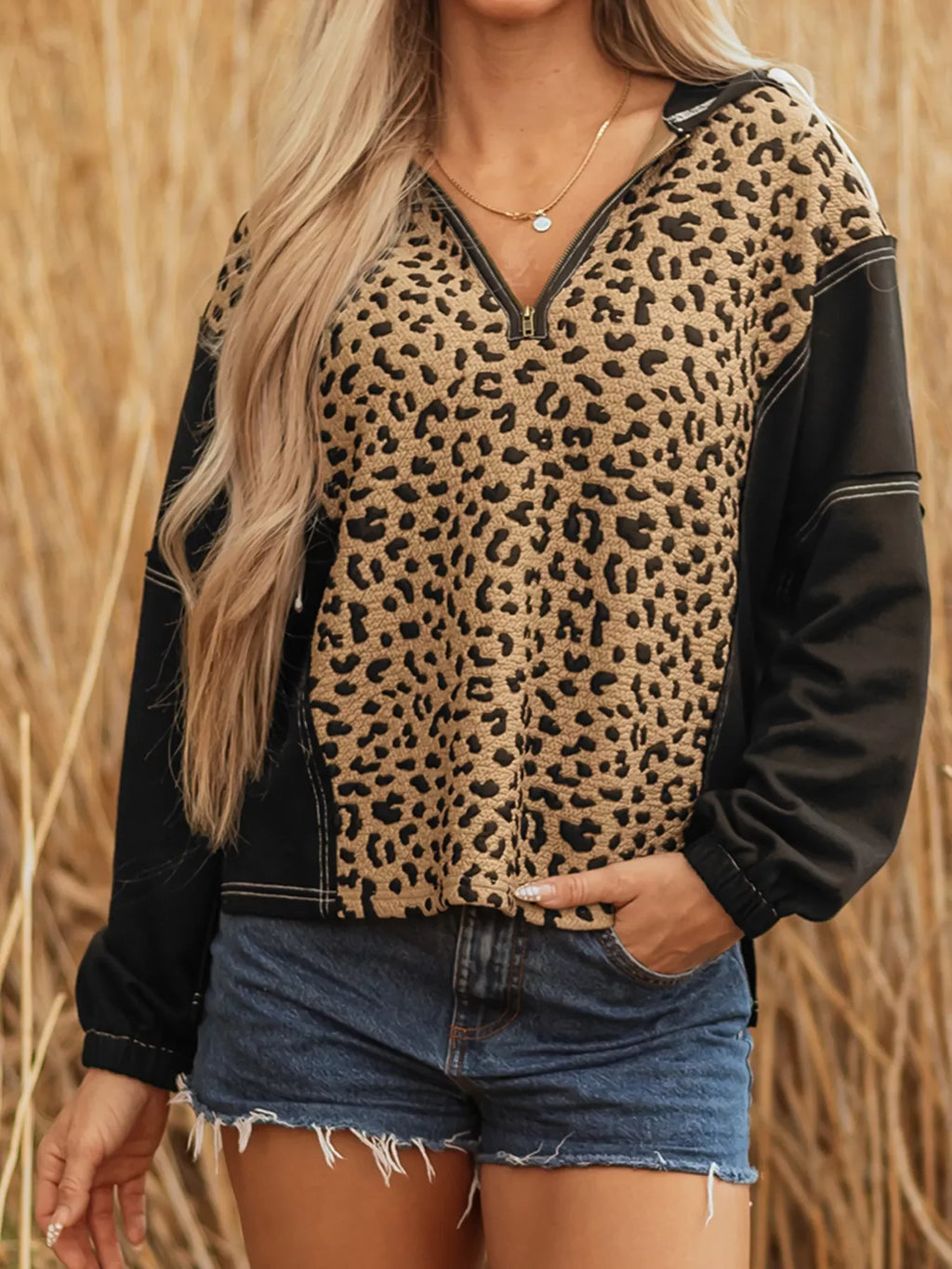Leopard Patchwork Contrast Stitching Knotted Cuff Quarter Zip Hoodie