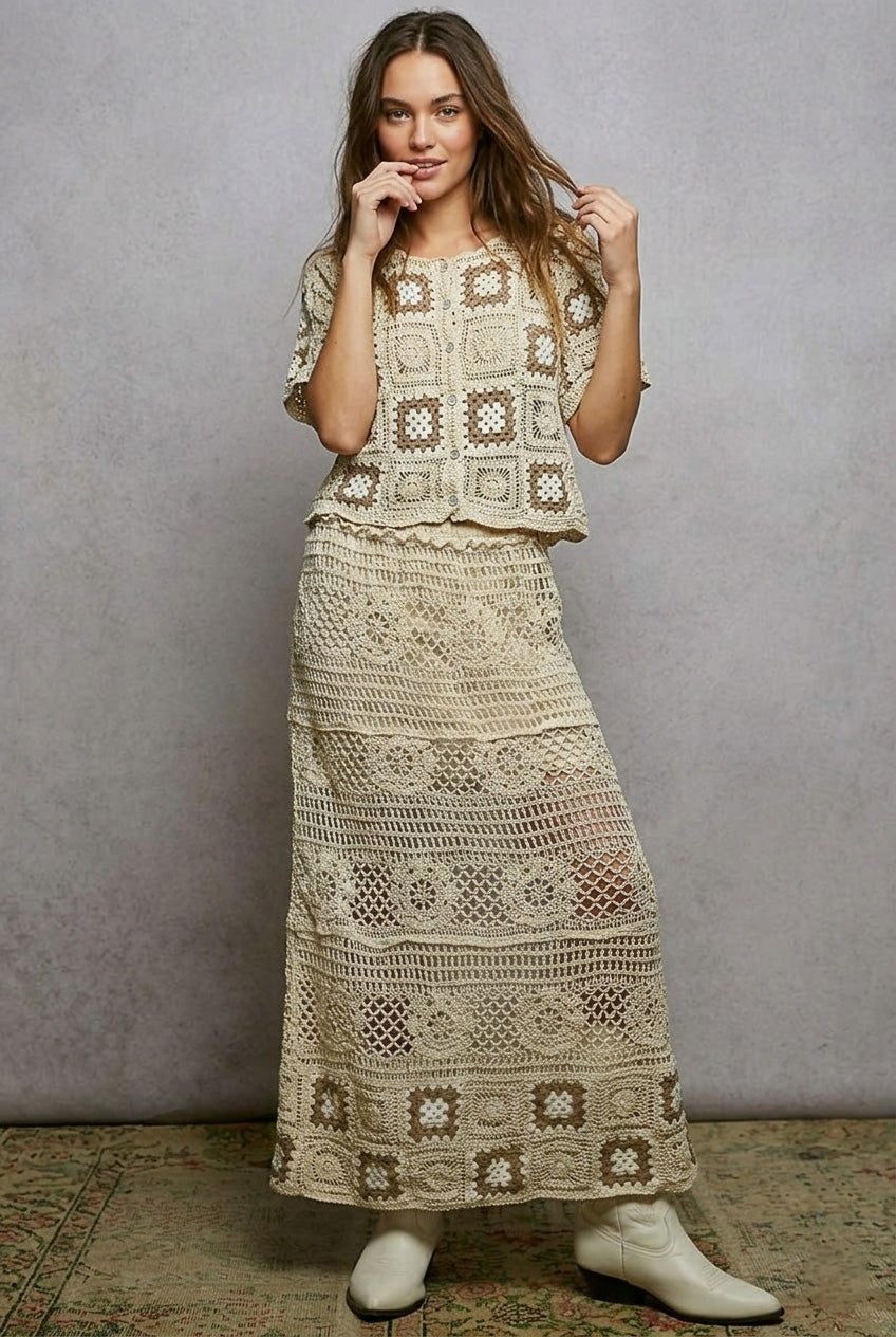 POL Floral Crochet Ruffled Waistband Maxi Skirt with Granny Square Weave