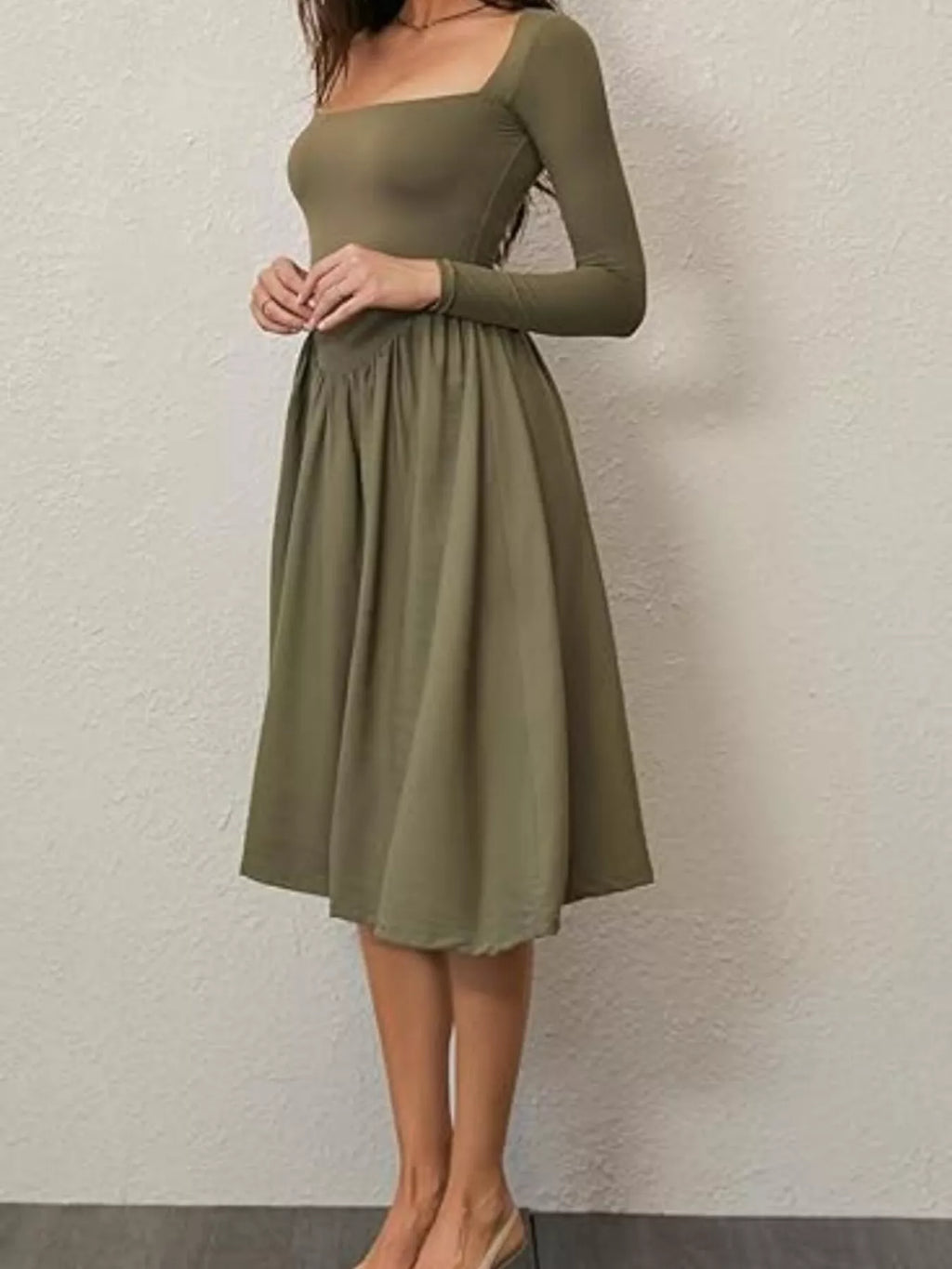 Square Neck Long Sleeve Midi Dress