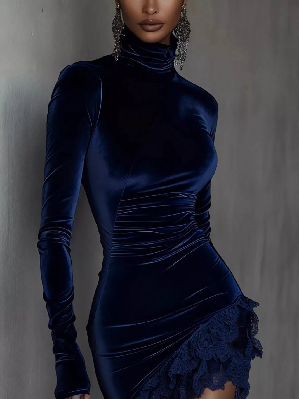 Velvet Lace Trim Turtleneck Mini Dress