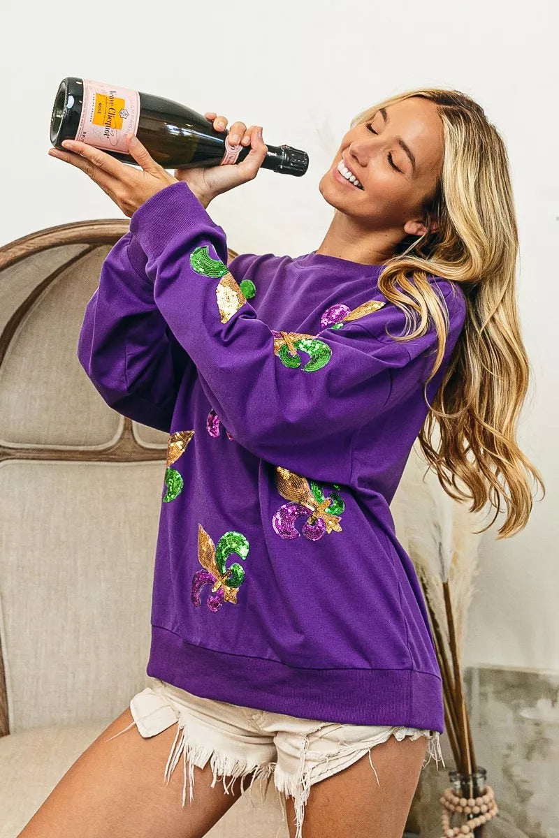 BiBi Fleur De Lis Sequin Patches Mardi Gras Sweatshirt