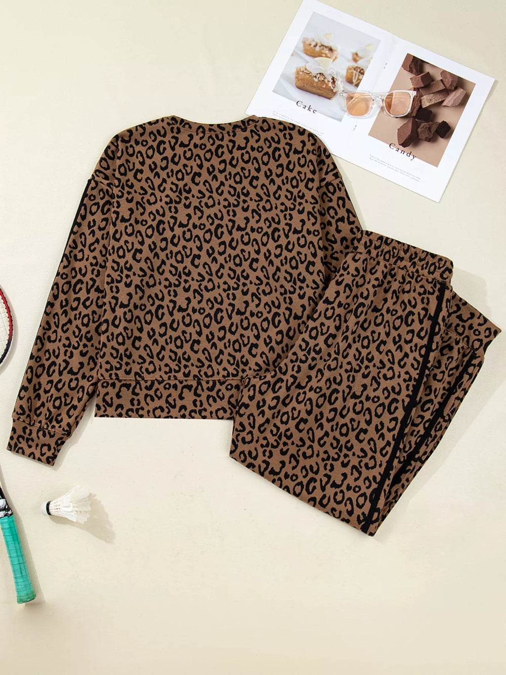 Striped Trim Leopard Long Sleeve Top Drawstring Pant Set