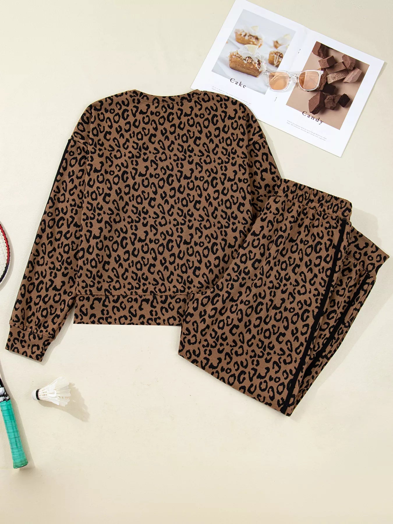 Striped Trim Leopard Long Sleeve Top Drawstring Pant Set