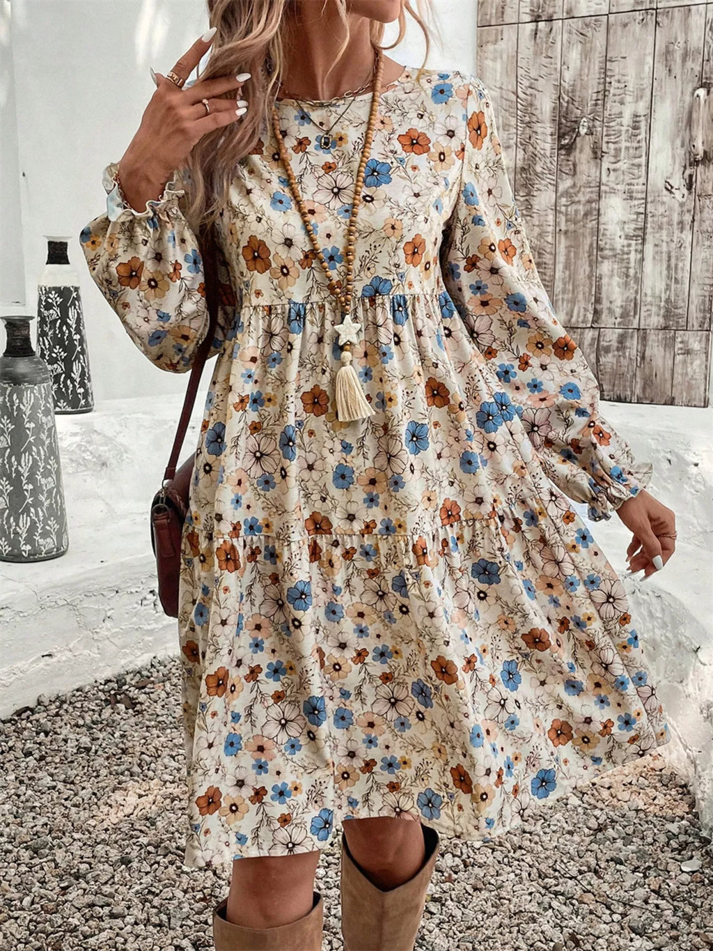 Floral Print Ruffle Hem Long Sleeve Casual Dress