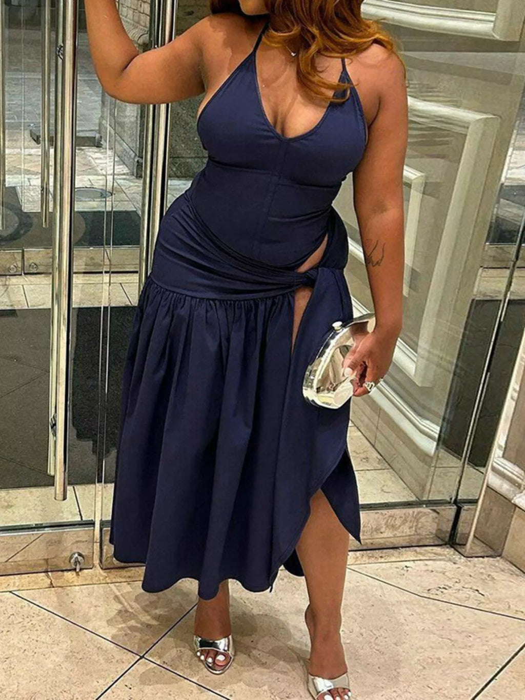 Halter Neck Ruched Bodysuit and Maxi Skirt Set