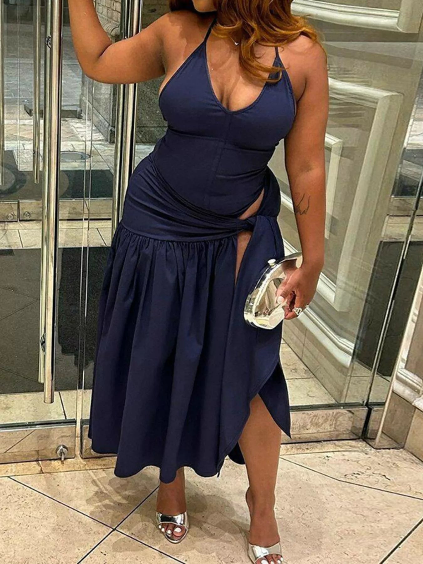Halter Neck Ruched Bodysuit and Maxi Skirt Set