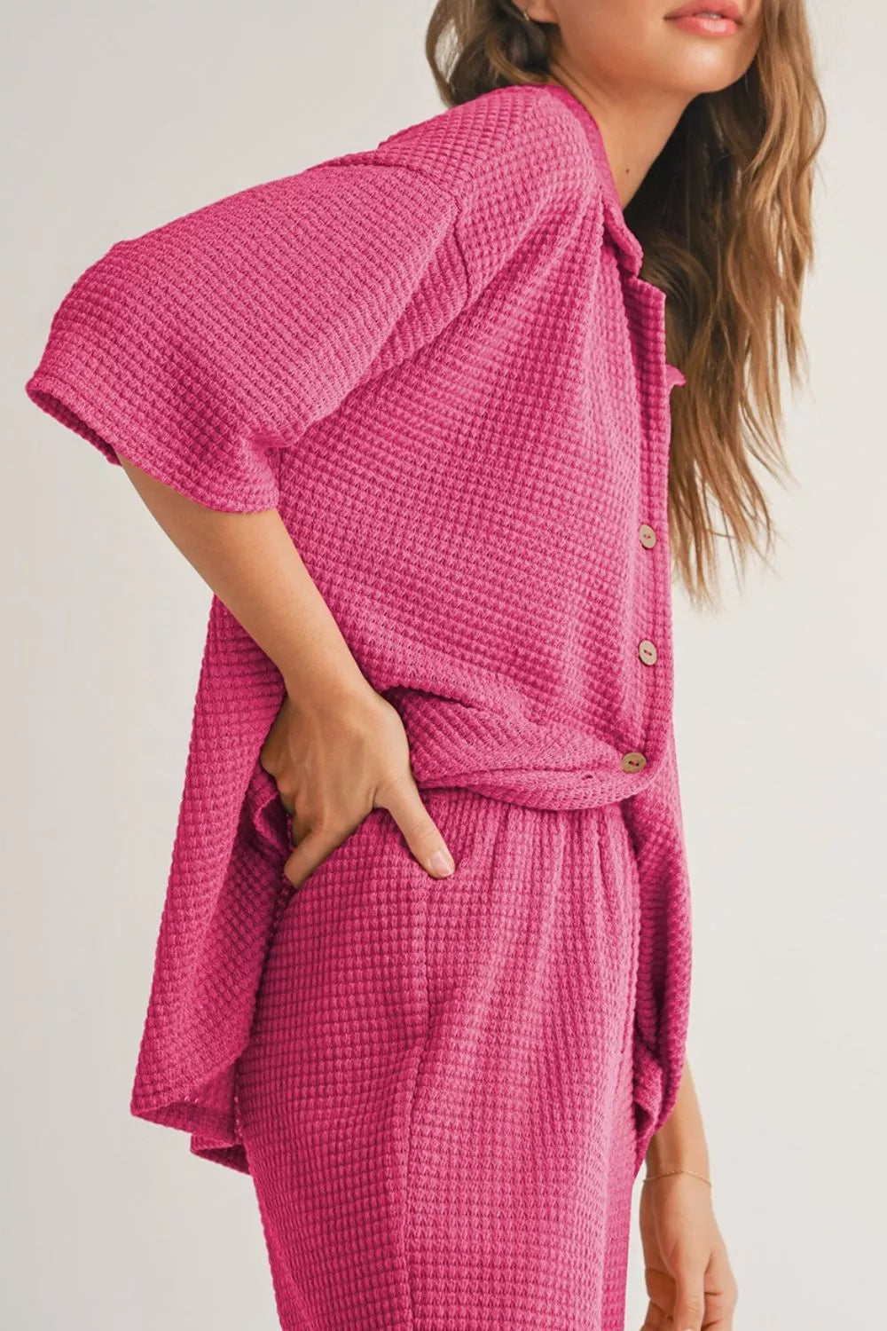 Solid Color Textured Buttoned Shirt and Casual Pants Set