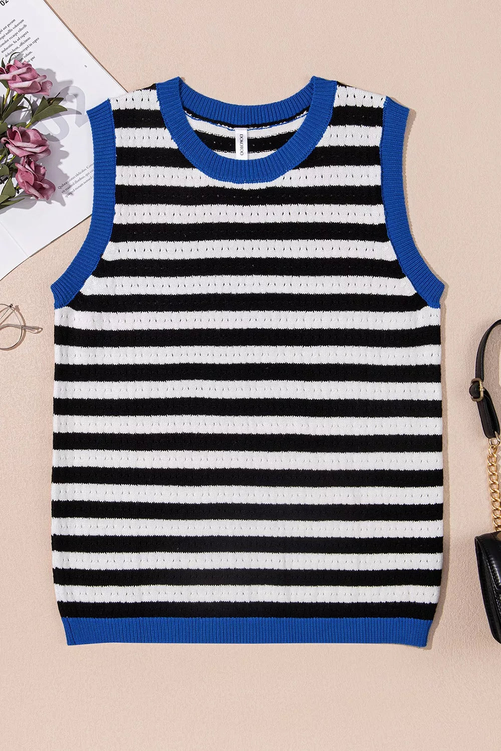 Stripe Pointelle Knit Contrast Trim Sleeveless Sweater Top