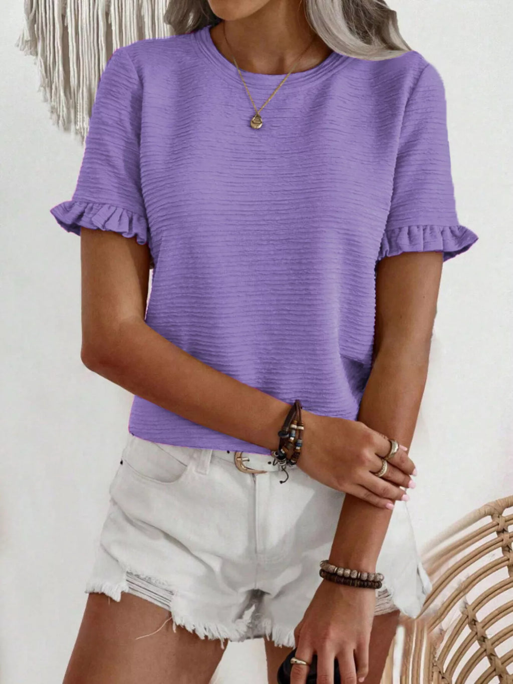 Textured Ruffle Sleeve Round Neck T-Shirt