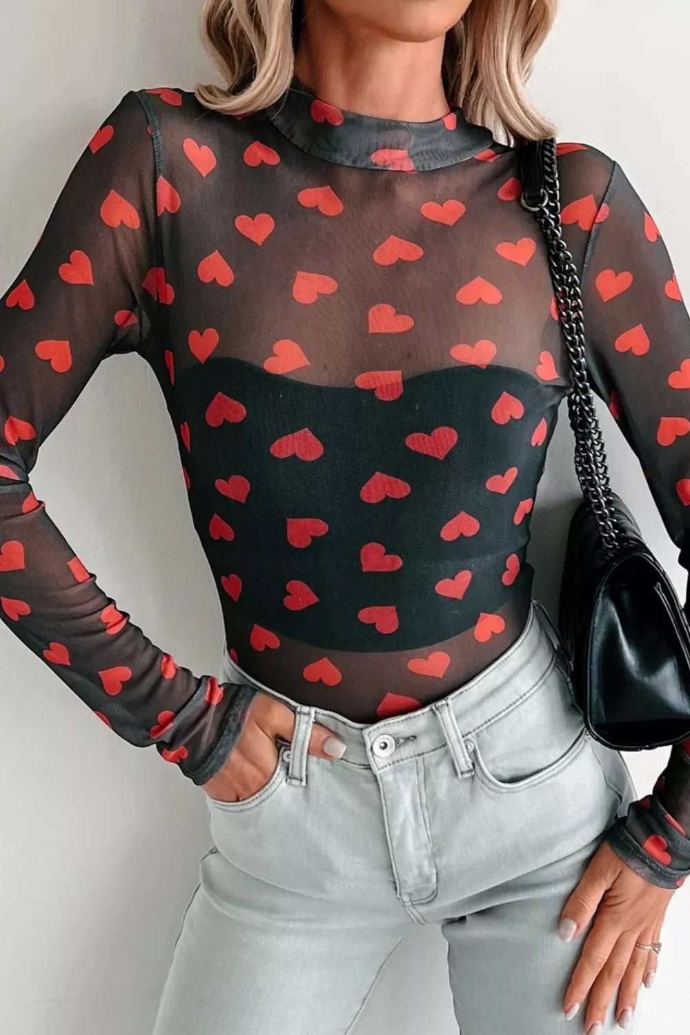 Valentines Heart Printed Sheer Mesh Long Sleeve Top