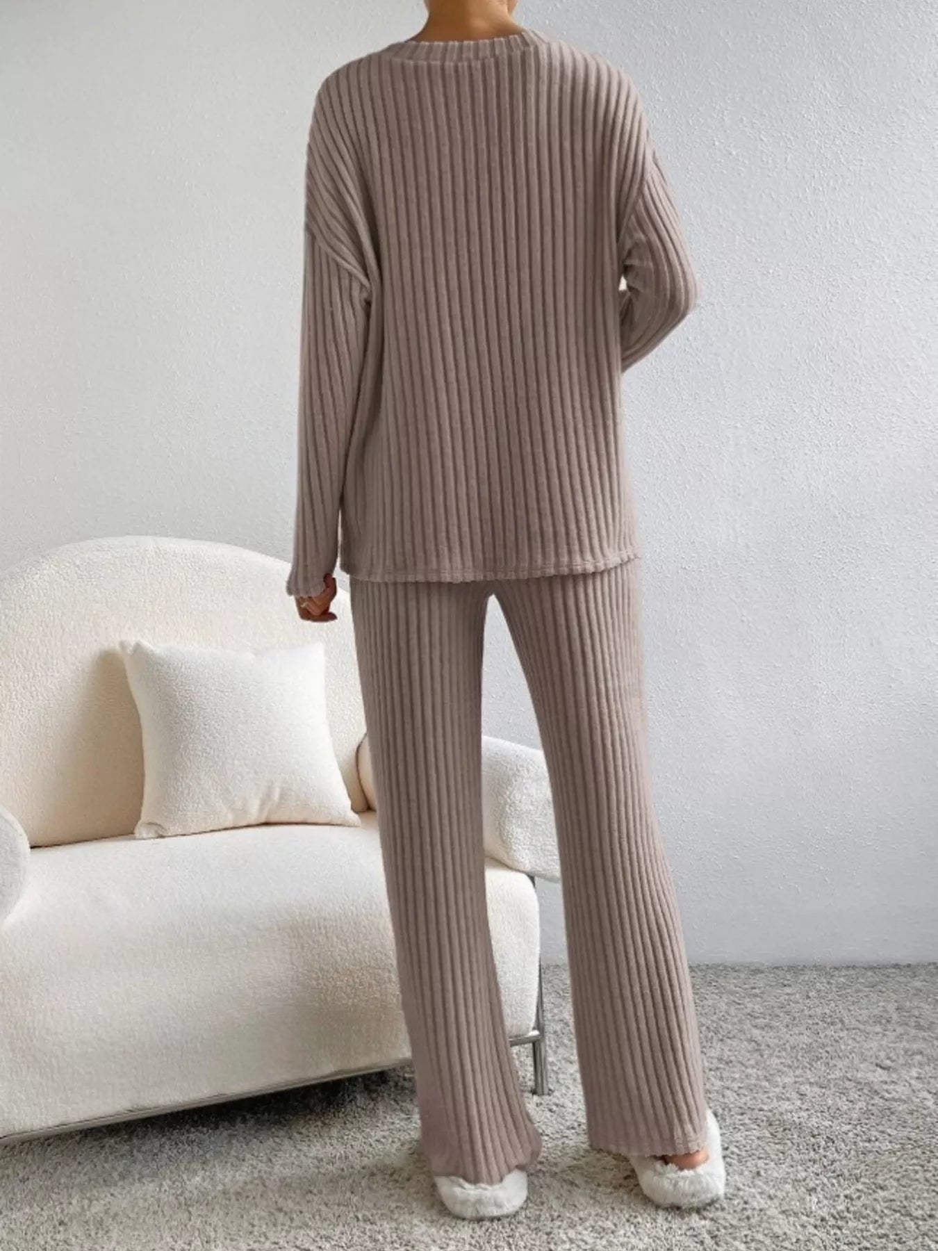 Ribbed Knit V-Neck Top and Pants Set