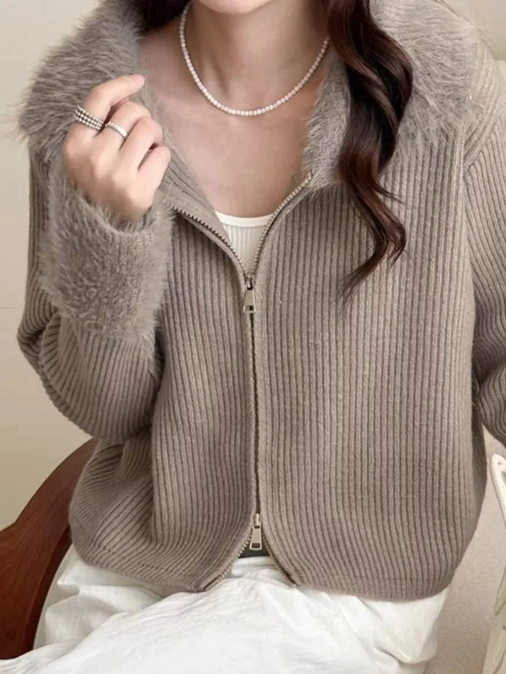 Fluffy Trim Zip-Up Cardigan