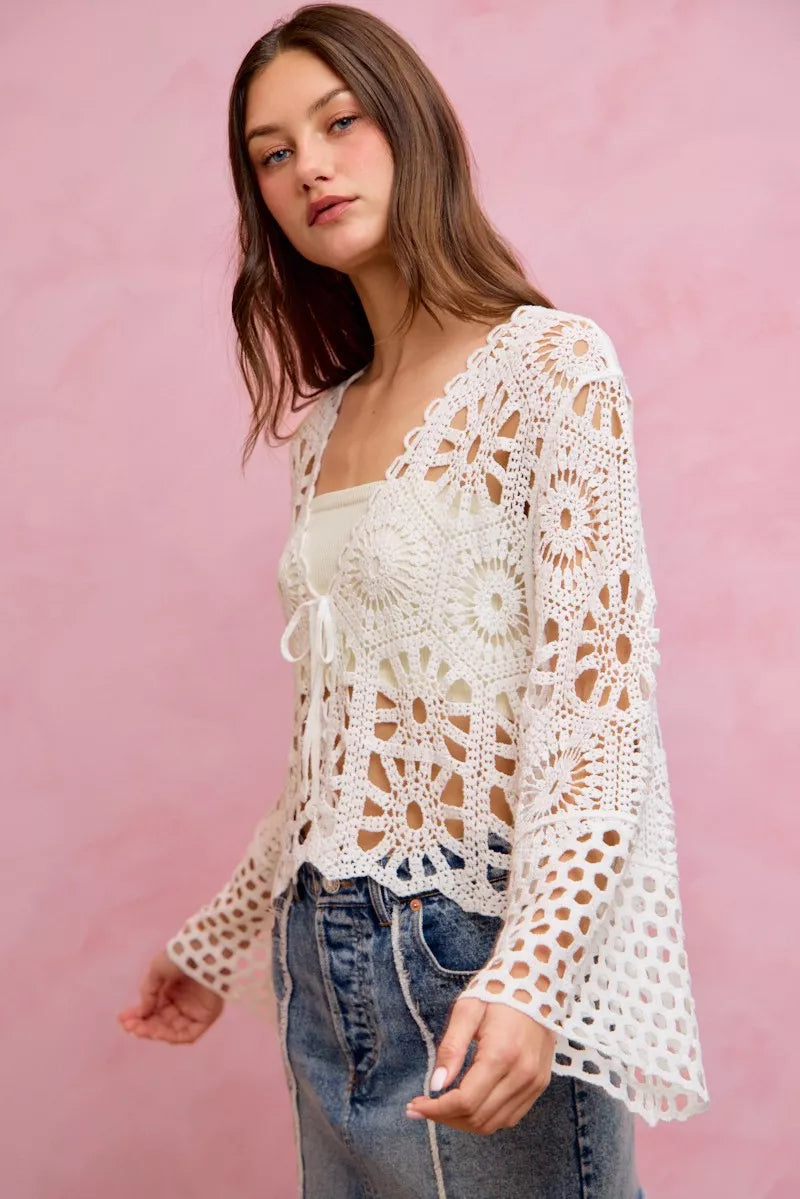 SO ME Floral Pattern Crochet Knit Tie Front Crop Cardigan