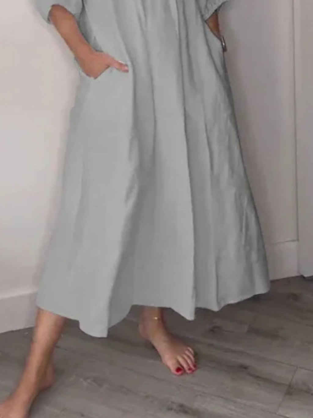 Full Size V-Neck Loose Fit Midi Dress with Pockets Plus Size