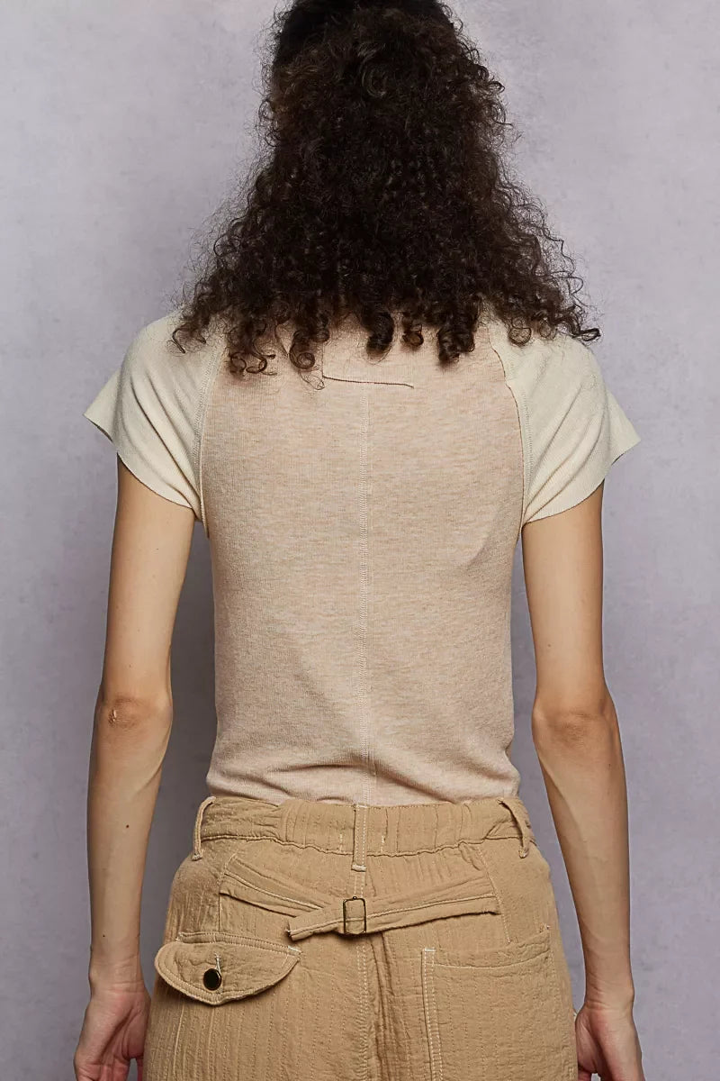 POL Outseam Detail Ribbed T-Shirt with Contrast Color Sleeves